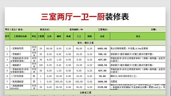 装修100平方价目表图片