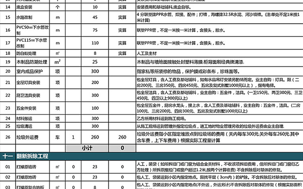 两室一厅装修报价单